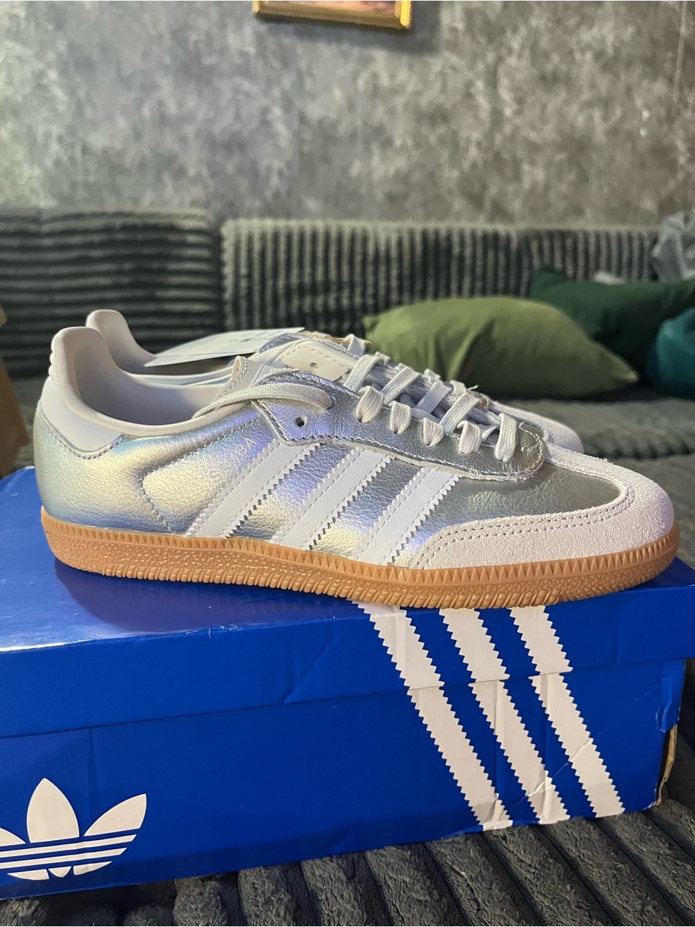 adidas Silver Metallic Low-Top Sneakers with Gum Sole